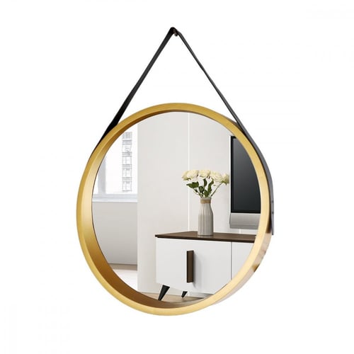 مرآة جدارية دائرية الشكل مع إطار ذهبي وحزام تثبيت...