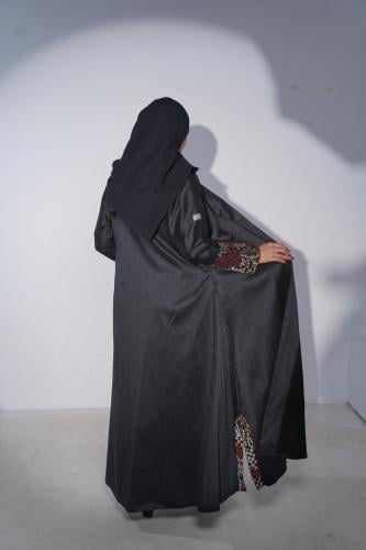 The abaya fabric is plain black chiffon, the sleeves and back piece are embroidered with Indian design, the chiffon black headscar...