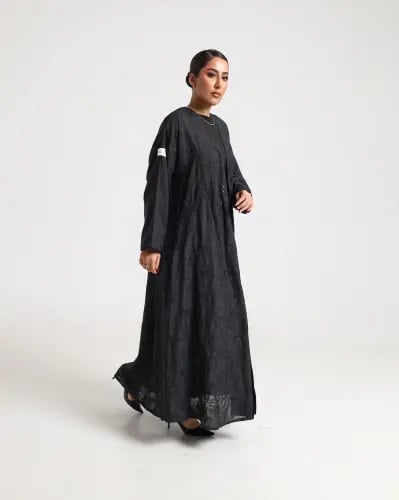 Black embroidered linen abaya with a semi-wide cut.