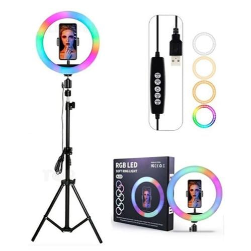 حلقة اضاءة RGB مقاس 10 انش مع حامل وحامل جوال، 3 م...