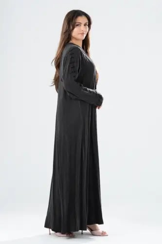 Turkish silk abaya, handmade embroidery - black color