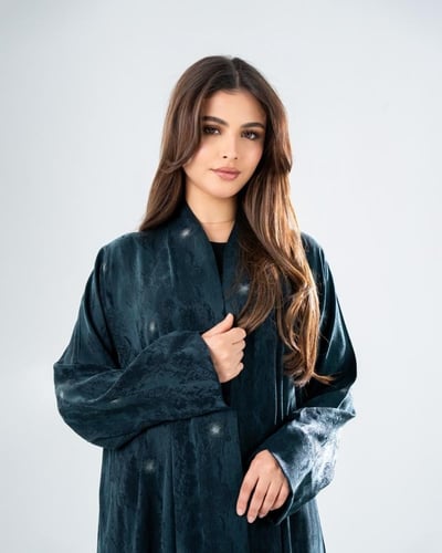 عباية حرير تركي جاكار - لون تركواز أنيق فاخر بإطلا...