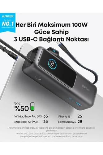 Anker انكر شاحن باور بانك فائق السرعة بسعة 25000 مللي أمبير وقوة 165 واط مع كابلات مدمجة وقابلة للطي