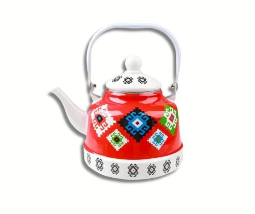 ابريق شاهي غضار نقشة تراثية أحمر - 1.1 لتر