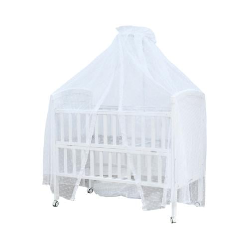 سرير أطفال خشبي أبيض بناموسية ودور تخزين عملي