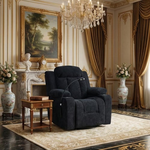 كرسي استرخاء فخم هزاز دوار بحامل جوال أسود