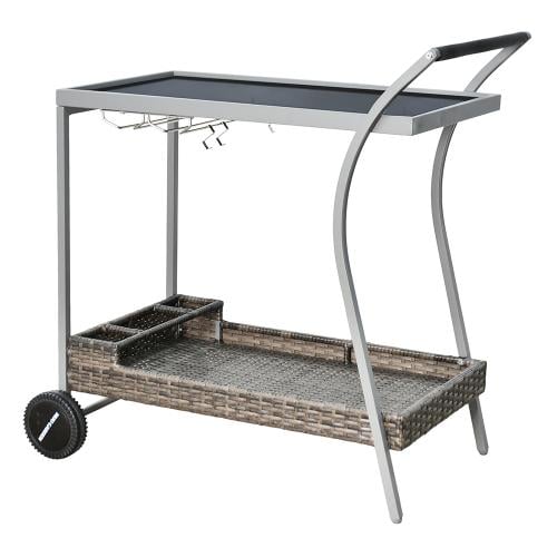 عربة تقديم 2 دور معدن وراتان بسطح زجاجي