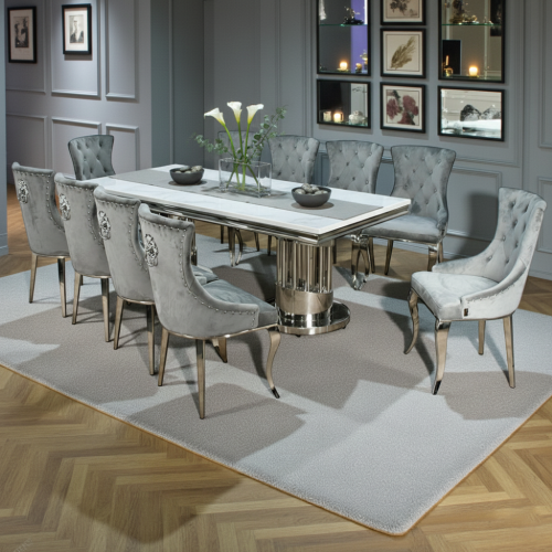 طاولة طعام فاخرة رخام بأرجل معدنية 10 كراسي رمادي