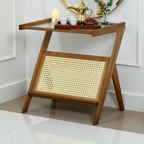 طاولة خدمة مفرد خشب وراتان بسطح زجاجي