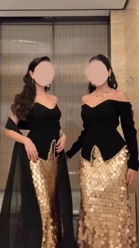 فستان سهرة طويل ترتر ذهبي بيبلوم بأكتاف مكشوفة | ف...