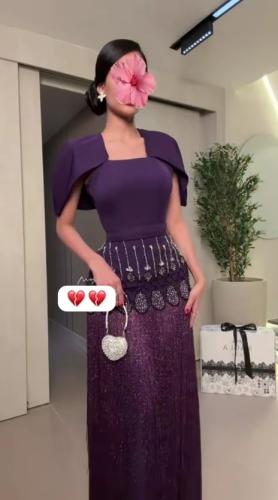 فستان سهرة بنفسجي بحزام خرز وشراشيب | فستان سهرة ن...