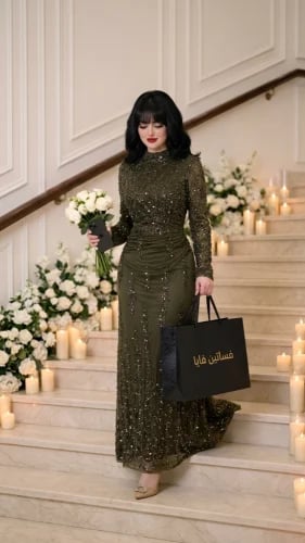 فستان سوليتير الزيتوني الفاخر بنقوش الكريستال