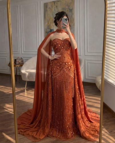 فستان سهرة كب كولوم كلفة سهرة خرز وشرابات هدب مع شال جورجيت مطرز