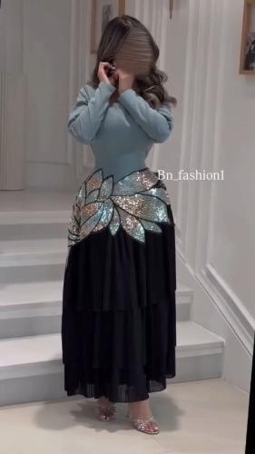 فستان سهرة فخم براق بتطريز باربي كلفه وشيفون بليسي...