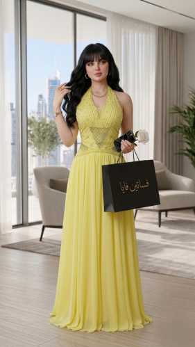 فستان سهرة أصفر ليموني مرصع - قصة هالتر