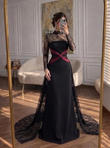 فستان سهرة أسود كولوم باربي بحزام كورسيه تفته عناب...
