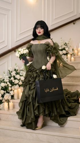 فستان سهرة توليب زيتوني - كورسيه مرصع باللؤلؤ مع ت...