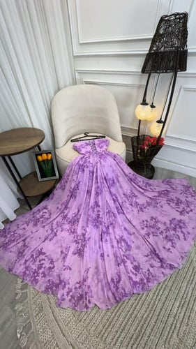 فستان خامه شيفون طباعه دبل كلوش