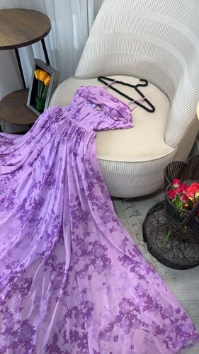 فستان خامه شيفون طباعه دبل كلوش