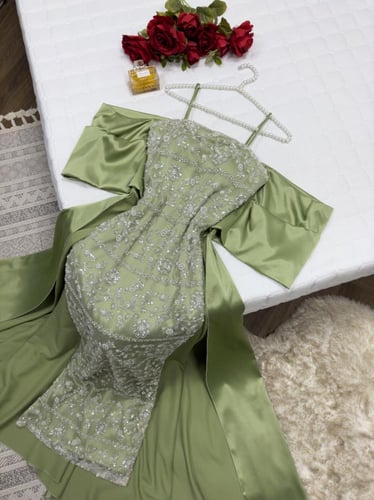 فستان خامه تفته مع قماش سهره راقي