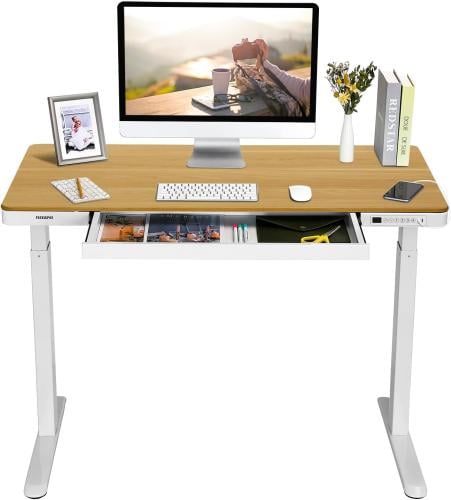 FlexiBot electrical office with adjustable height, computer desk with natural wooden drawer and adjustable white frame, desk (60 ×...