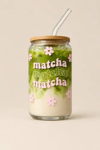 كوب زجاج مع غطاء خشب Matcha سعة 350 مل