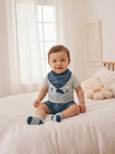 طقم من اربع قطع بودي سوت وشورت مع جوارب ومريلة طعا...