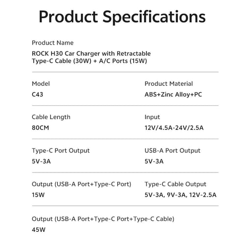 شاحن سيارة روك ROCK H30 مع كيبل تايب سي سحب (45 وا...