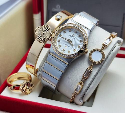 طقم اوميغا نسائي ساعة مع خاتم وسوار وسلسال مع كامل...