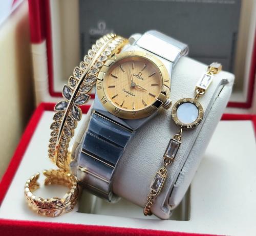 طقم اوميغا نسائي ساعة مع خاتم وسوار وسلسال مع كامل...