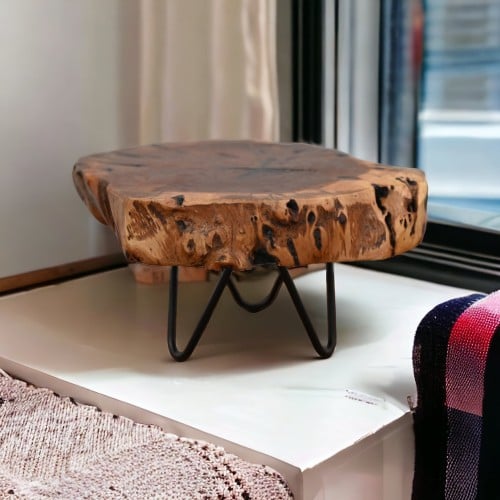 حامل خشبي طبيعي مع أرجل معدنية لعرض الكعك والزهور...