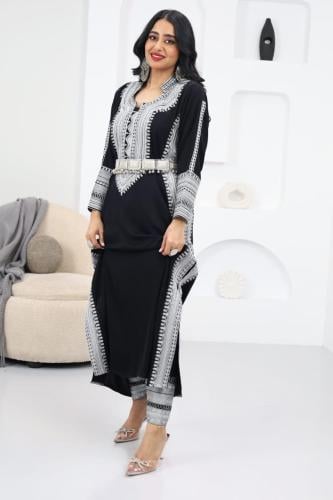 جلابيه عسيري ياقه تطريز فضي ملكي بدون سروال