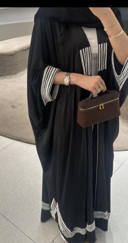 Black silk abaya with white embroidery