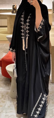 Black silk abaya with white embroidery