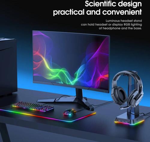 حامل سماعة الألعاب ONIKUMA ST2 RGB، وضعان للإضاءة RGB، طول الكابل 1.5 متر، قاعدة ثابتة، 3 منافذ USB، واجهة صوت 3.5 مم،