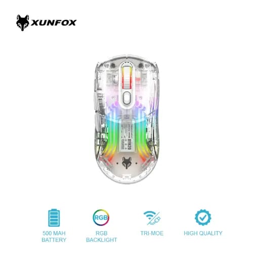 ماوس ميكانيكي للألعاب Xunfox XYH20 الشفاف بإضاءة RGB، لاسلكي وسلكي، بتقنية بلوتوث 2.4 جيجا هرتز، ثلاثي الأوضاع