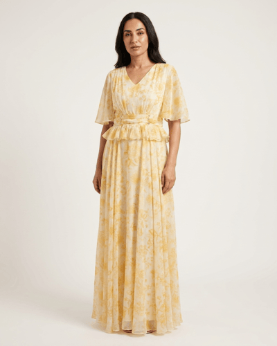 Long yellow floral dress with waist ruffle