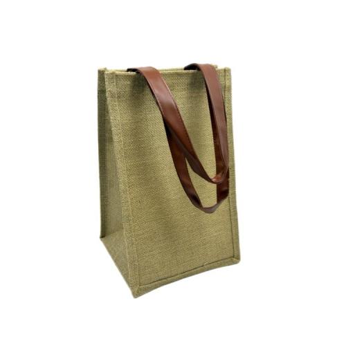 سلة تنزه خيش بحامل جلد بني فاخرة مقاس صغير 21*34*1...