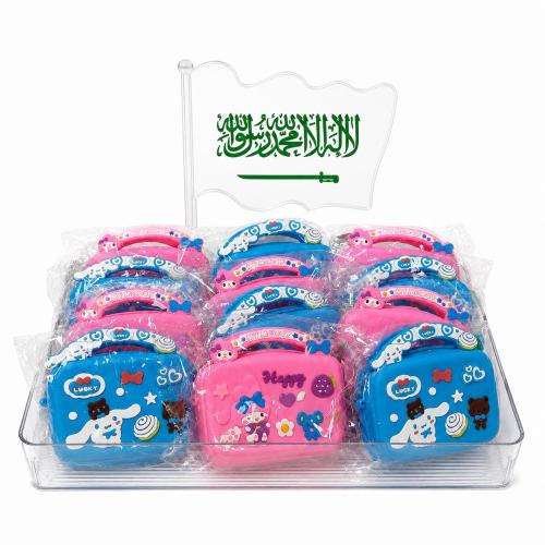 Tray of giveaways from the Clirk bags with multiple characters, Cinnabon-style, Melody, Reber, 12 pieces