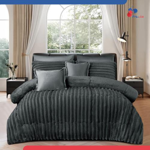 مفرش مخمل فرو نفرين - رمادي ليلي فاخر- 6 قطع شتوي...