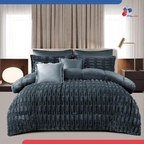 مفرش مخمل فرو نفرين- كحلي فحمي فاخر- 6 قطع شتوي فا...