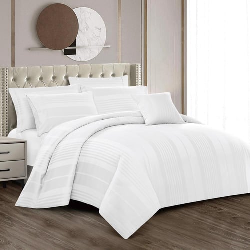 مفرش فندقي دونتيلا مقلم قطن - 8 قطع لون ابيض