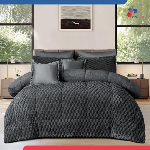 مفرش مخمل فرو نفرين- فحمي راقٍ- 6 قطع شتوي فاخر