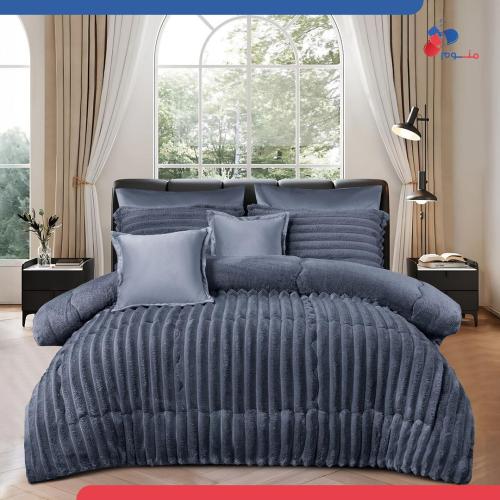 مفرش مخمل فرو نفرين -أزرق رمادي- 6 قطع شتوي فاخر