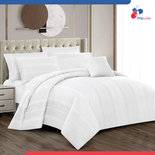 مفرش فندقي دونتيلا مقلم قطن - 8 قطع لون ابيض