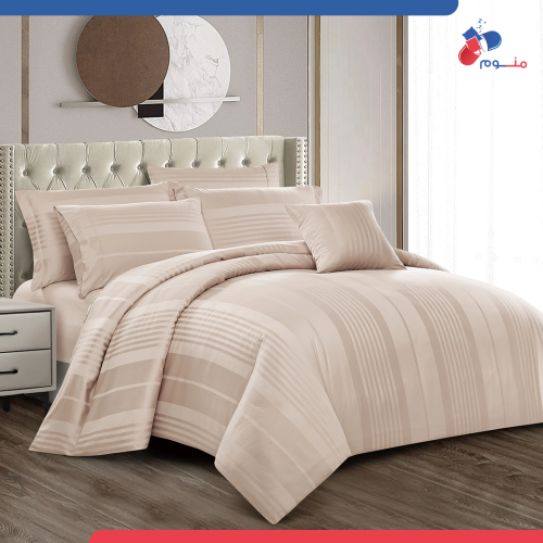 مفرش فندقي دونتيلا مقلم قطن وردي بيج - 8 قطع