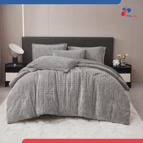 مفرش مخمل فرو نفرين -رمادي فاتح هادئ-6 قطع شتوي فا...