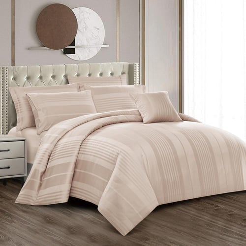 مفرش فندقي دونتيلا مقلم قطن وردي بيج - 8 قطع