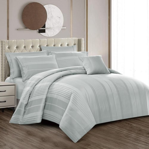 مفرش فندقي دونتيلا مقلم قطن - 8 قطع لون رمادي