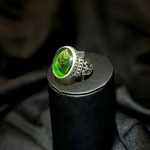 Obsidian green volcanic (royal) craftsmanship Aref.. silver 990.. size (US 8).. length of the stone (17.7).. width of the stone (1...